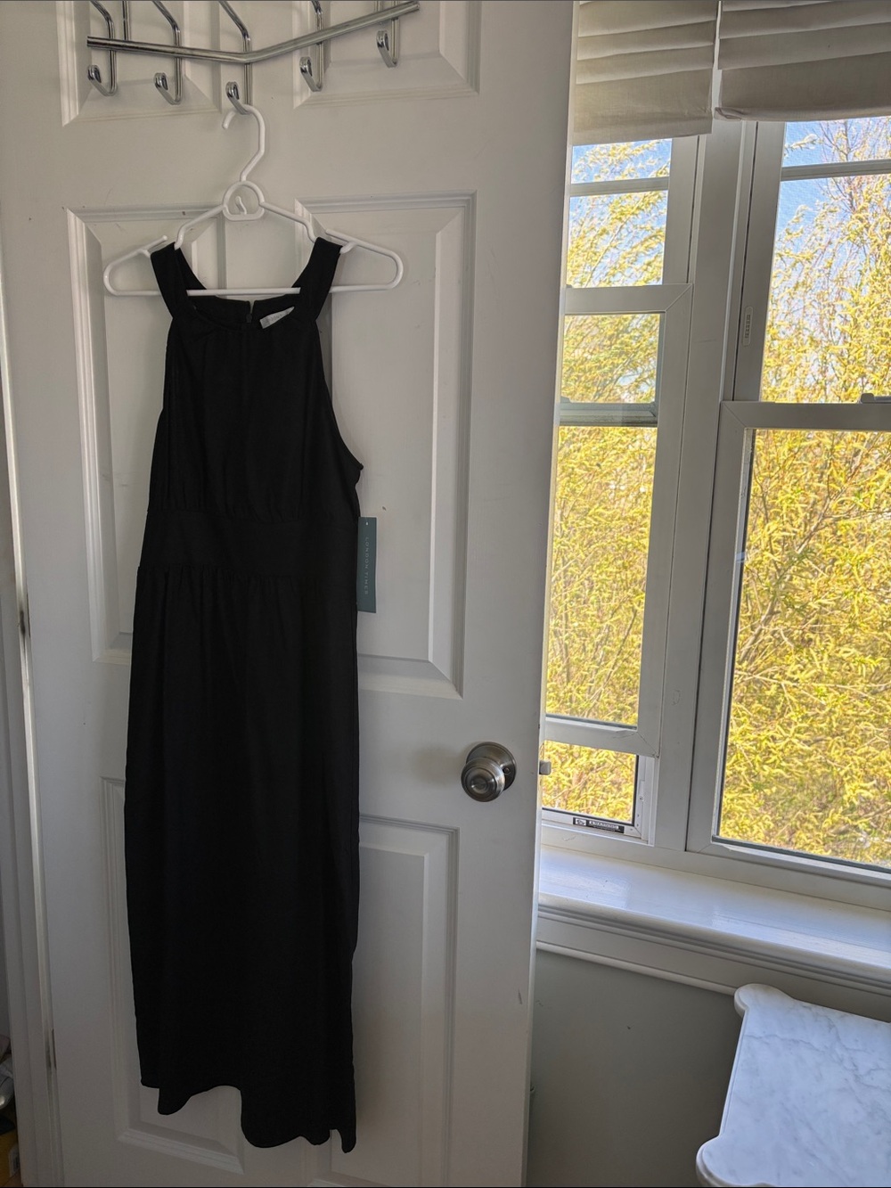 London Times Black Linen Midi Dress with High Neck